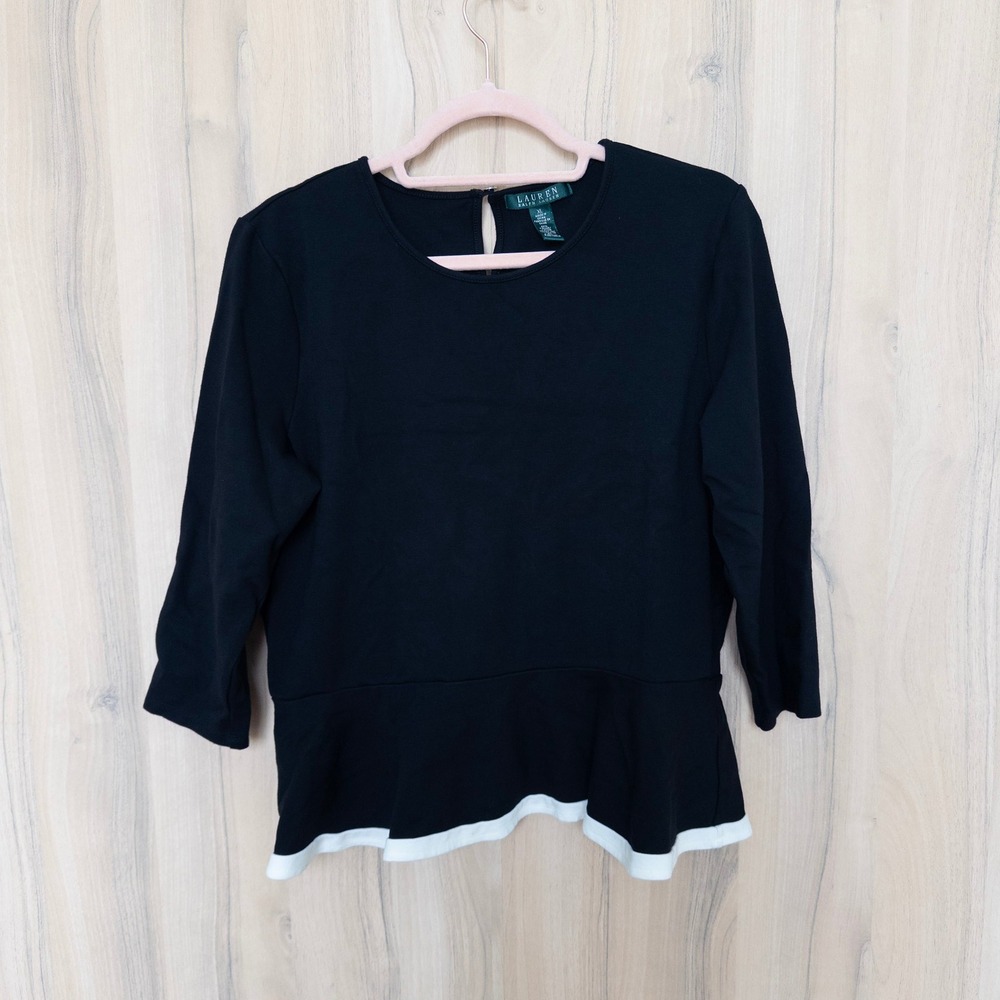 Lauren Ralph Lauren Womens Knit Top XL Black Peplum Old Money Classic Parisian